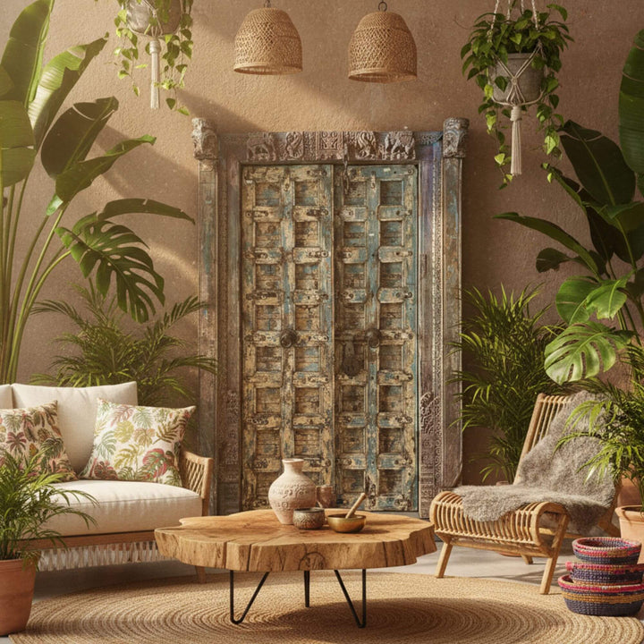 Interior setting featuring the antique Indian sheesham wood door as a decorative statement piece.