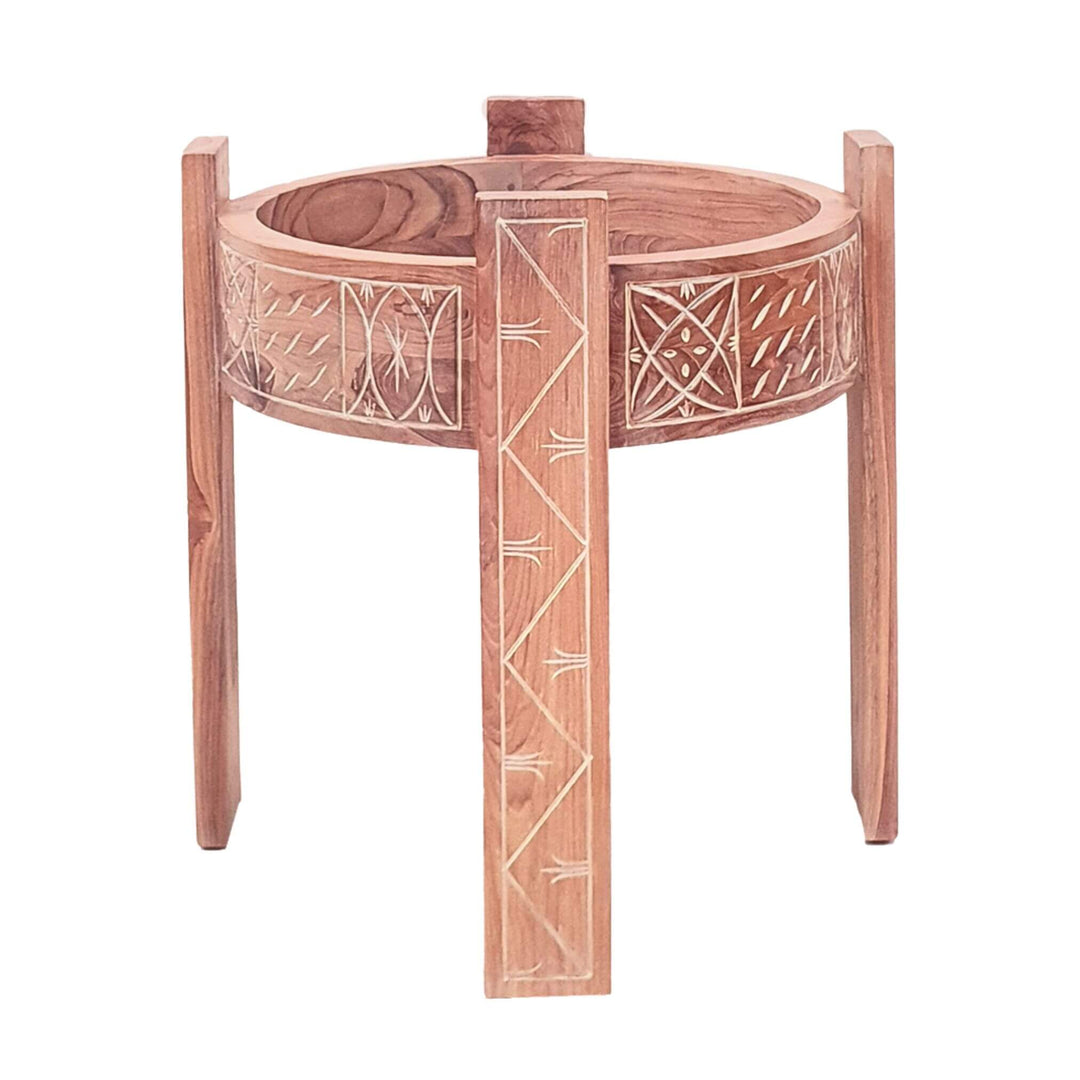 Aphrodite side table in natural teak wood with hand-carved details