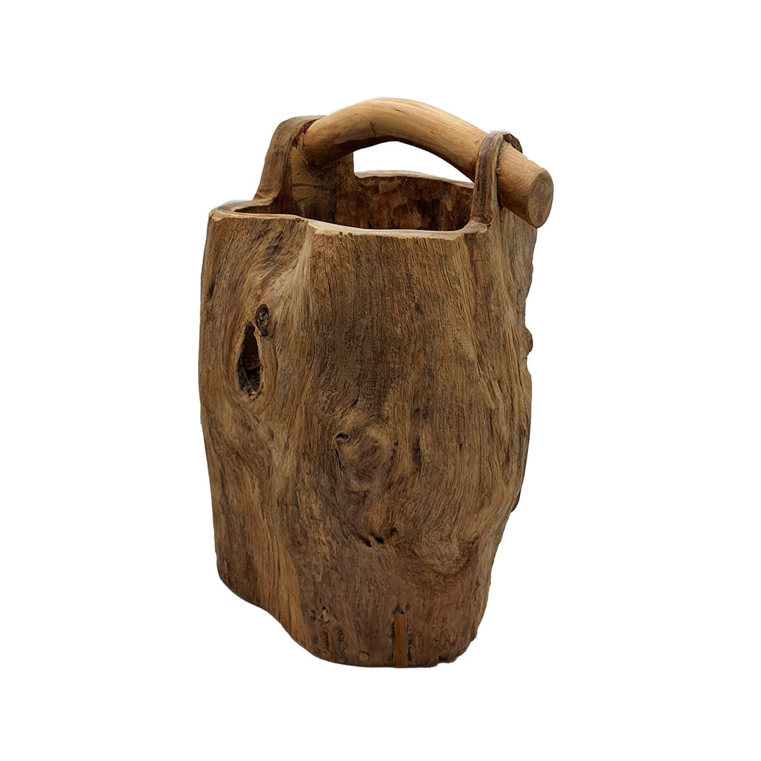 Aquarius Teak Pot handcrafted from natural teak wood with organic knots and rustic texture.