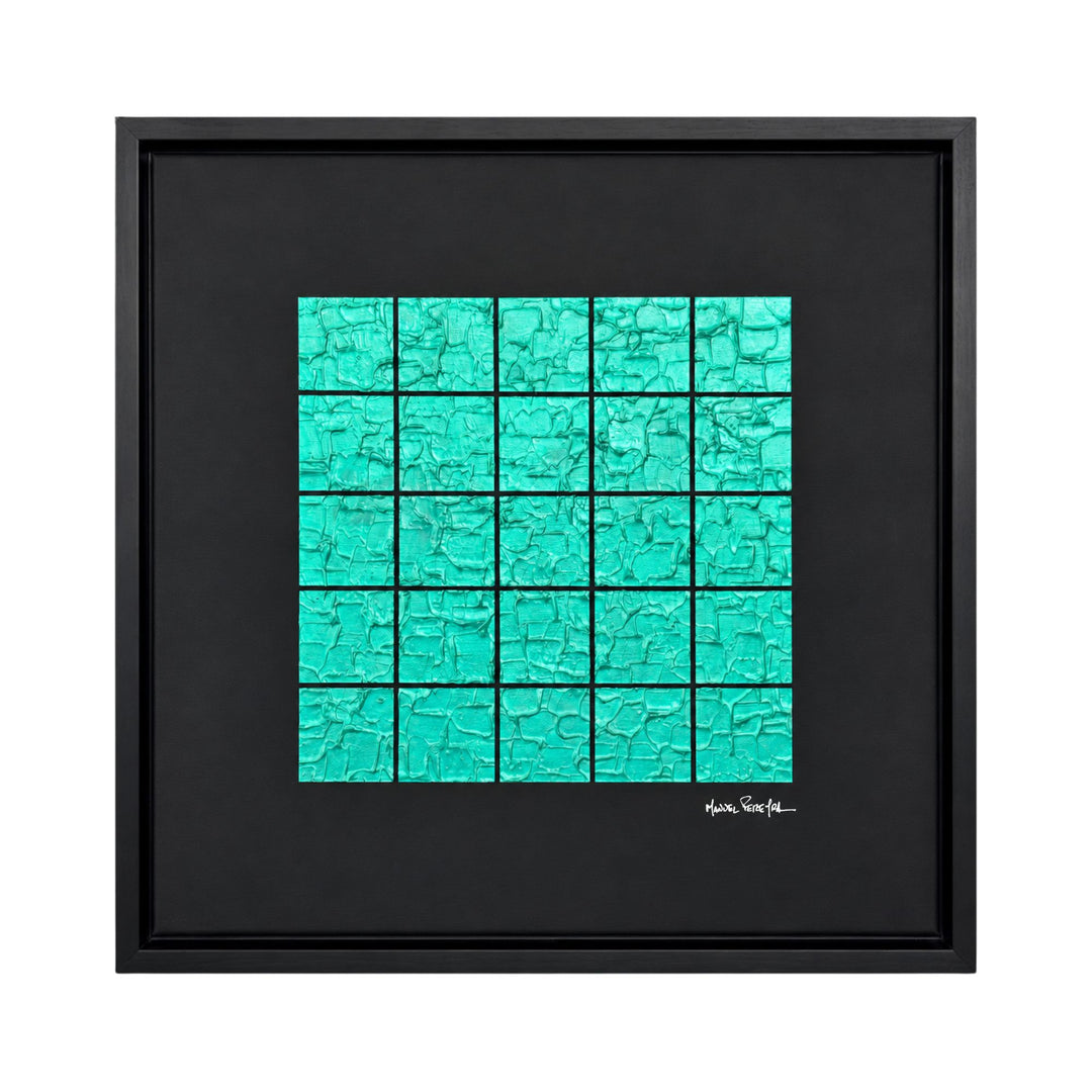 Front view of the Aqua Grid original painting by Manuel Pereyra with a textured turquoise grid composition and black frame