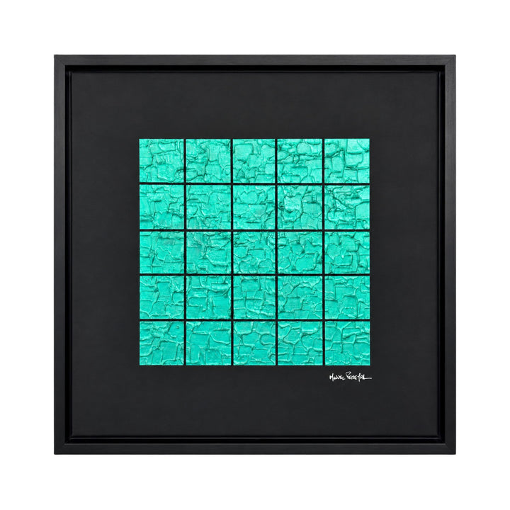 Front view of the Aqua Grid original painting by Manuel Pereyra with a textured turquoise grid composition and black frame