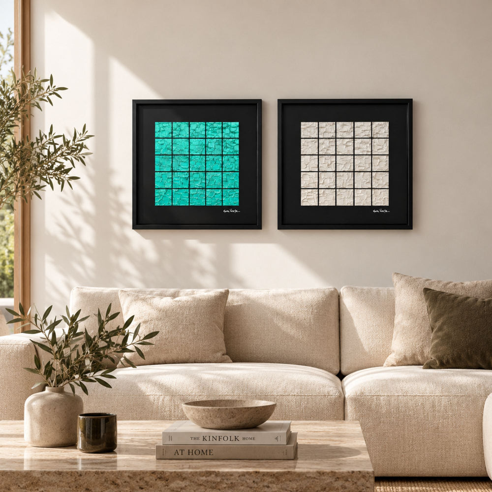 Aqua Grid painting by Manuel Pereyra displayed in a warm contemporary living room as part of a coordinated wall art arrangement