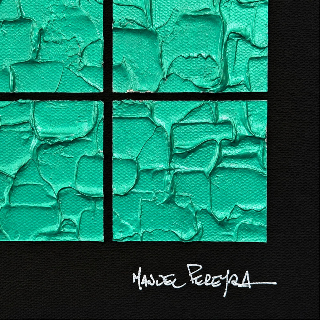 Close-up of the Aqua Grid artwork showing its textured mixed-media turquoise surface, black border, and artist signature