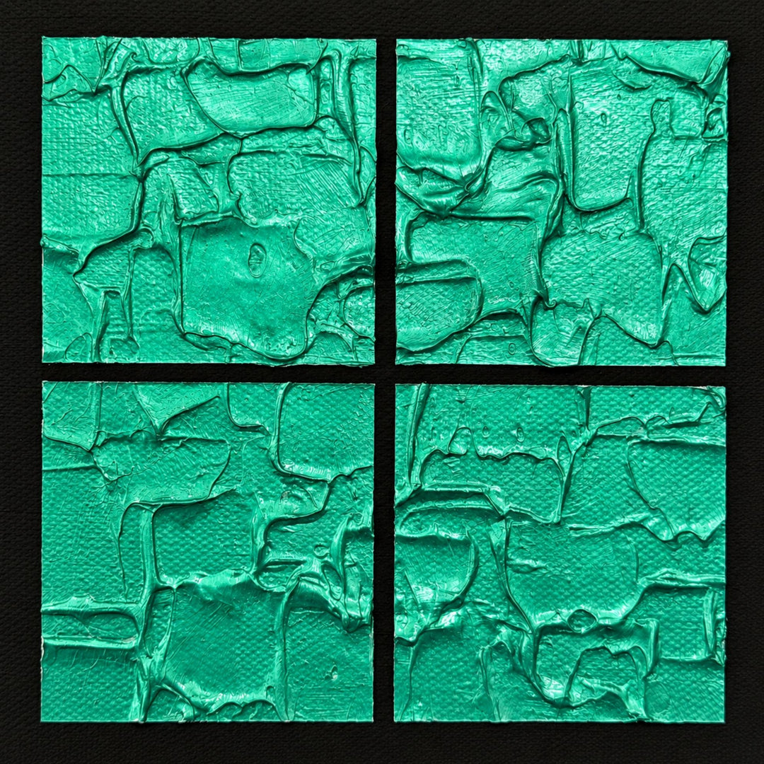 Close-up of the Aqua Grid painting highlighting the bold geometric grid design and sculptural painted texture