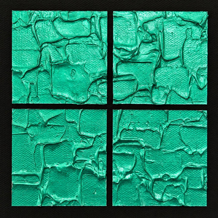 Close-up of the Aqua Grid painting highlighting the bold geometric grid design and sculptural painted texture