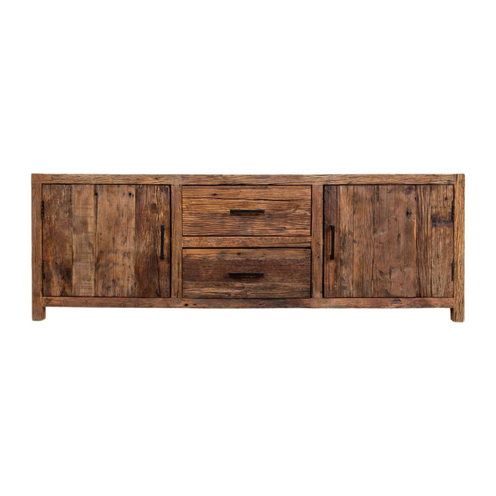 Front view of Arava TV Console showcasing its recycled wood texture and spacious storage design.