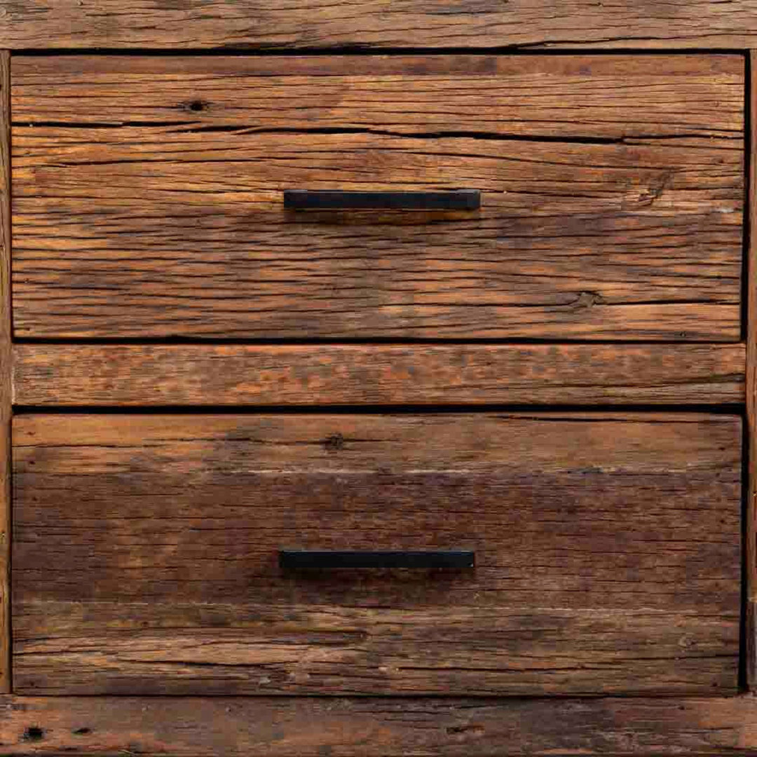 Close-up detail of the Arava TV Console drawers and wood grain texture.
