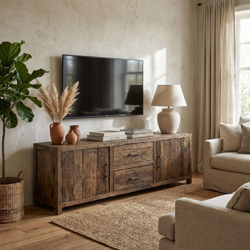 Styled interior view of Arava TV Console placed in a living room, highlighting its warm natural finish.