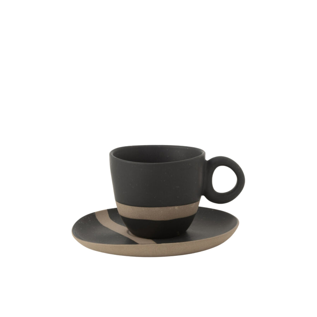 Arcai ceramic coffee cup with matte black finish and natural accent line on white background.