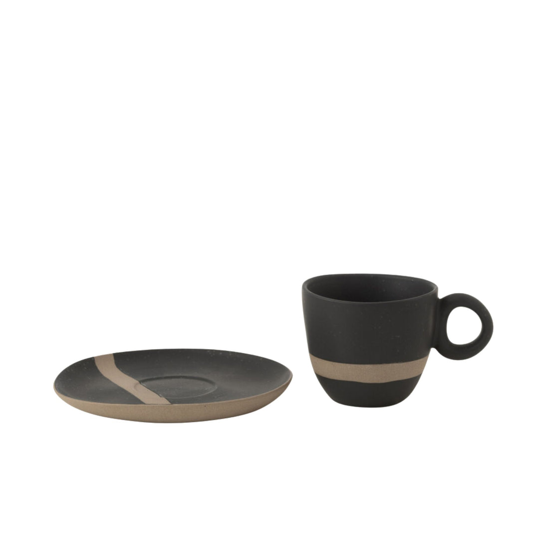 Arcai ceramic coffee cup with matte black finish and natural accent line on white background.