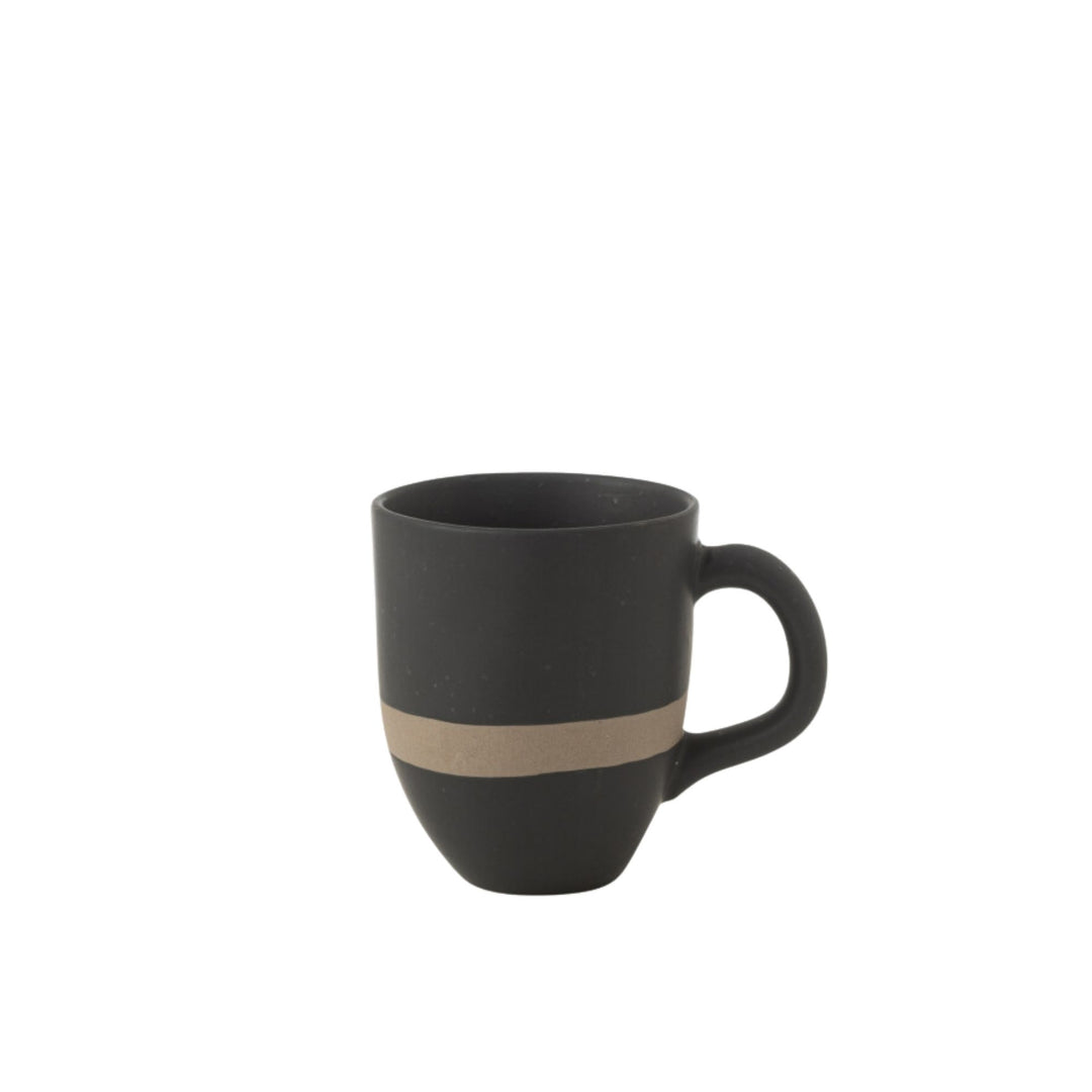 Arcai ceramic coffee mug with matte black finish and natural accent line on white background.