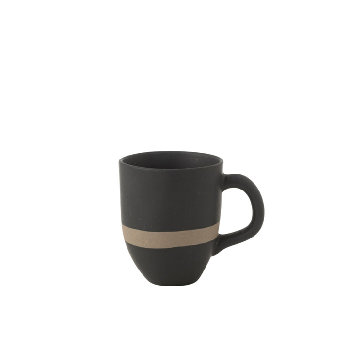 Arcai ceramic coffee mug with matte black finish and natural accent line on white background.