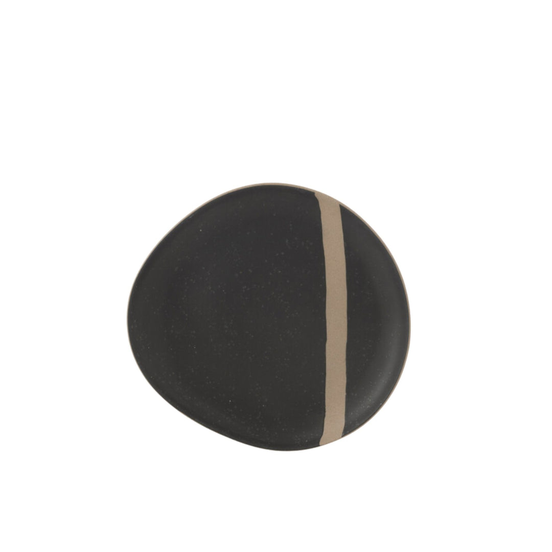 Arcai ceramic plate with matte black finish and natural accent line on white background.