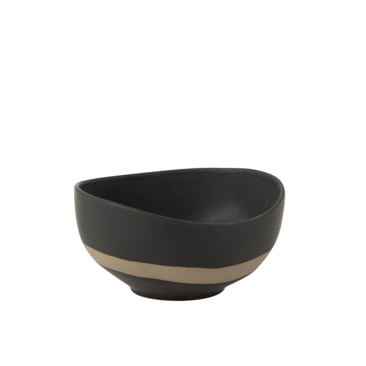 Arcai ceramic bowl with matte black finish and natural accent line on white background.