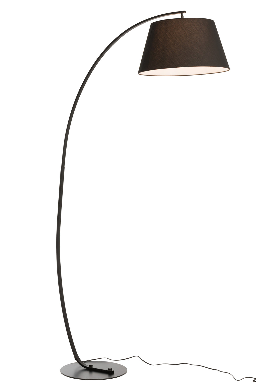 Lit side view of Arch floor lamp showing tall sweeping arc design.