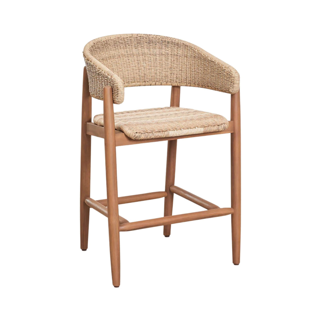 Front view of the Arena bar stool showing its woven rattan PE seat and curved backrest.