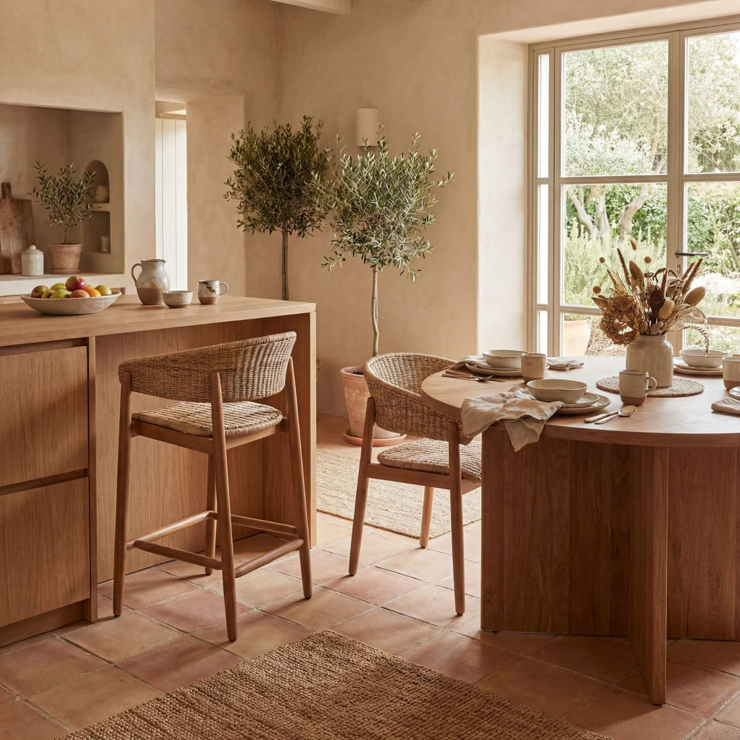 Styled indoor dining setting featuring the Arena bar stool beside a wooden island.