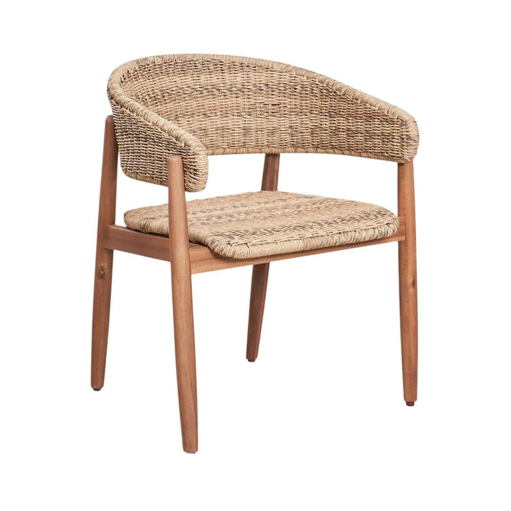 Front view of the Arena dining chair showing its woven rattan PE seat and curved backrest.