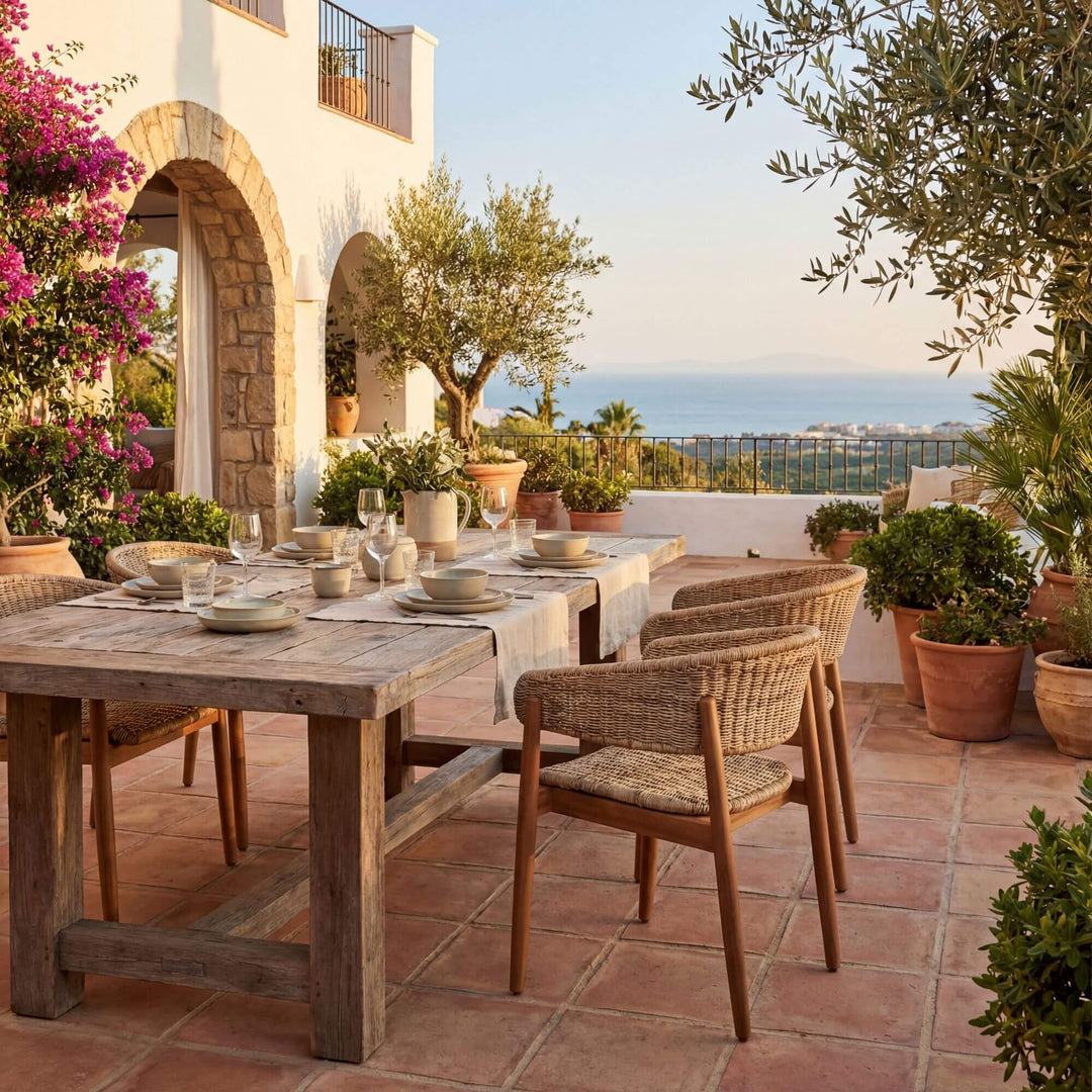 Styled outdoor dining setting featuring the Arena chair around a rustic wooden table.