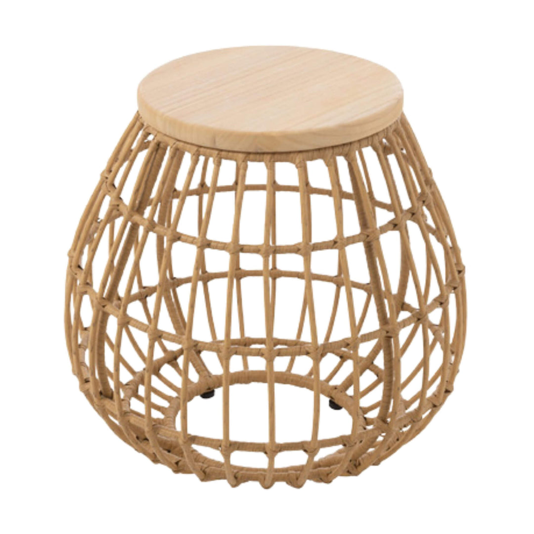 Front view of Arena side table with open rattan base and wooden top