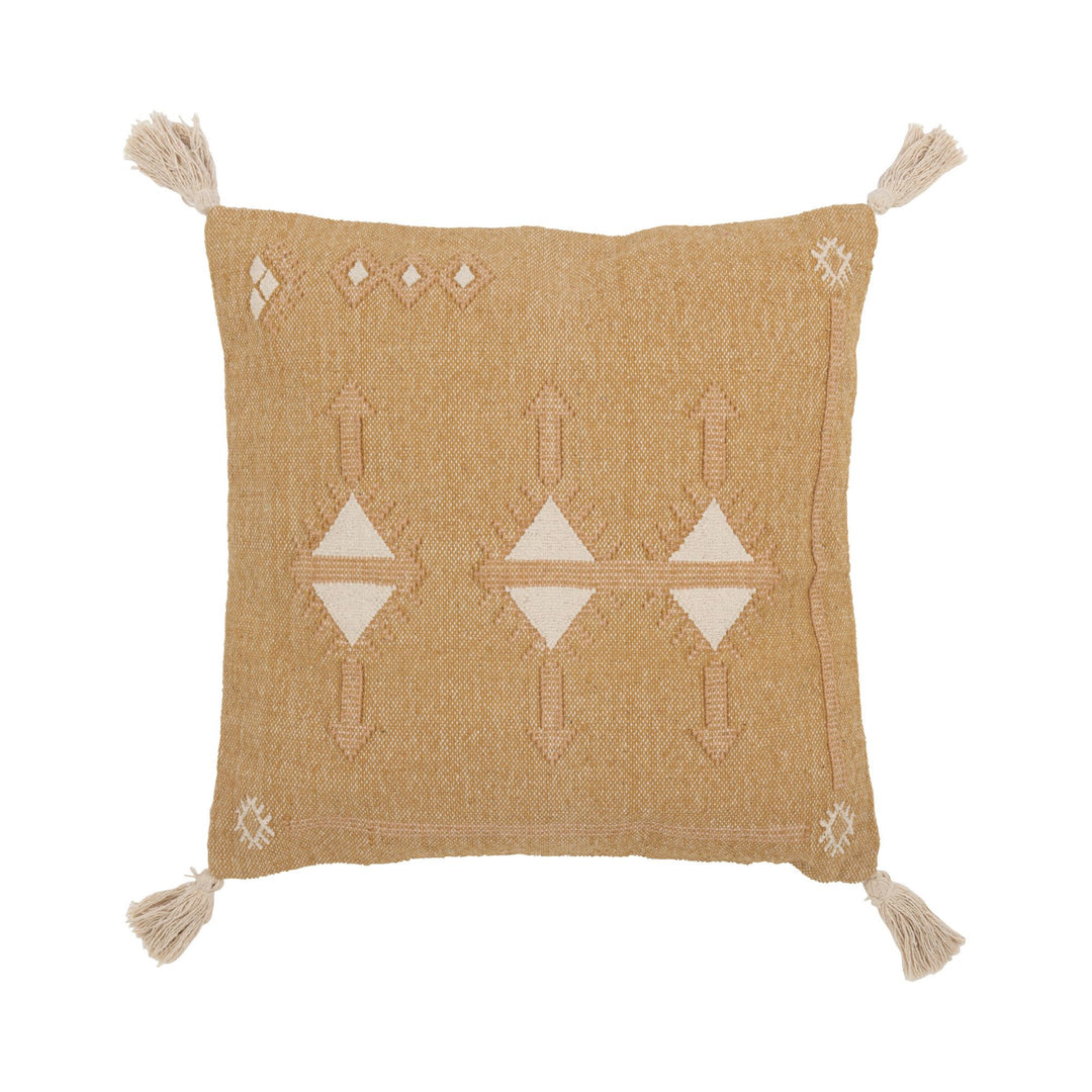 Argelia White Cushion front view with beige and cream ethnic pattern and tassels.