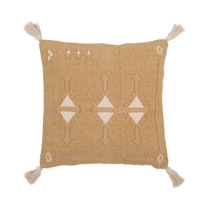 Argelia White Cushion front view with beige and cream ethnic pattern and tassels.