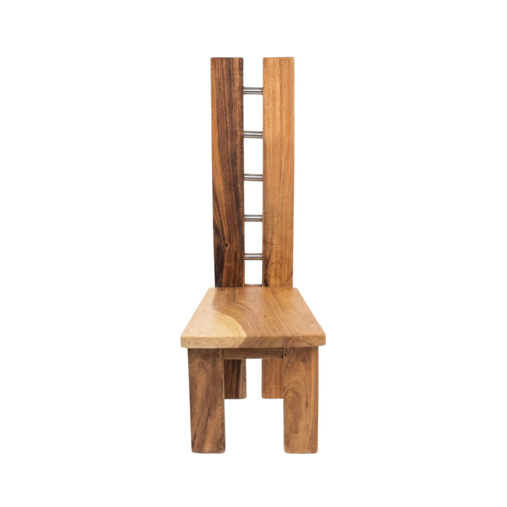 Front view of the Argus suar wood dining chair showcasing its tall backrest and solid wood structure.