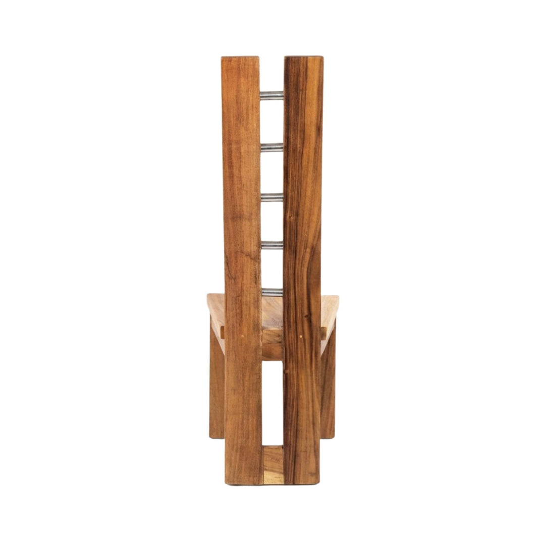 Rear view highlighting the sculptural silhouette and handcrafted suar wood construction.