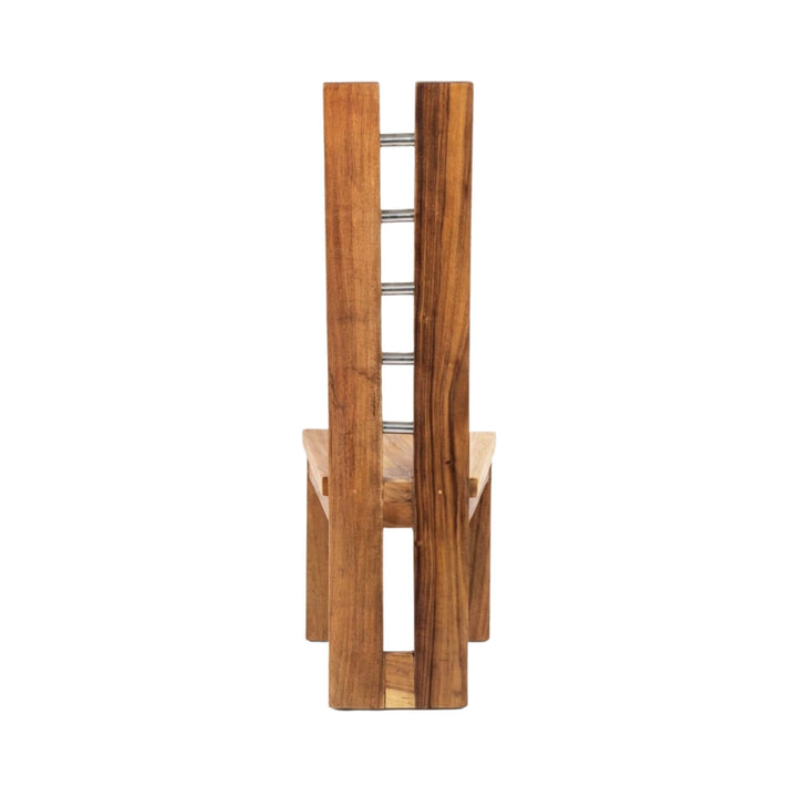 Rear view highlighting the sculptural silhouette and handcrafted suar wood construction.
