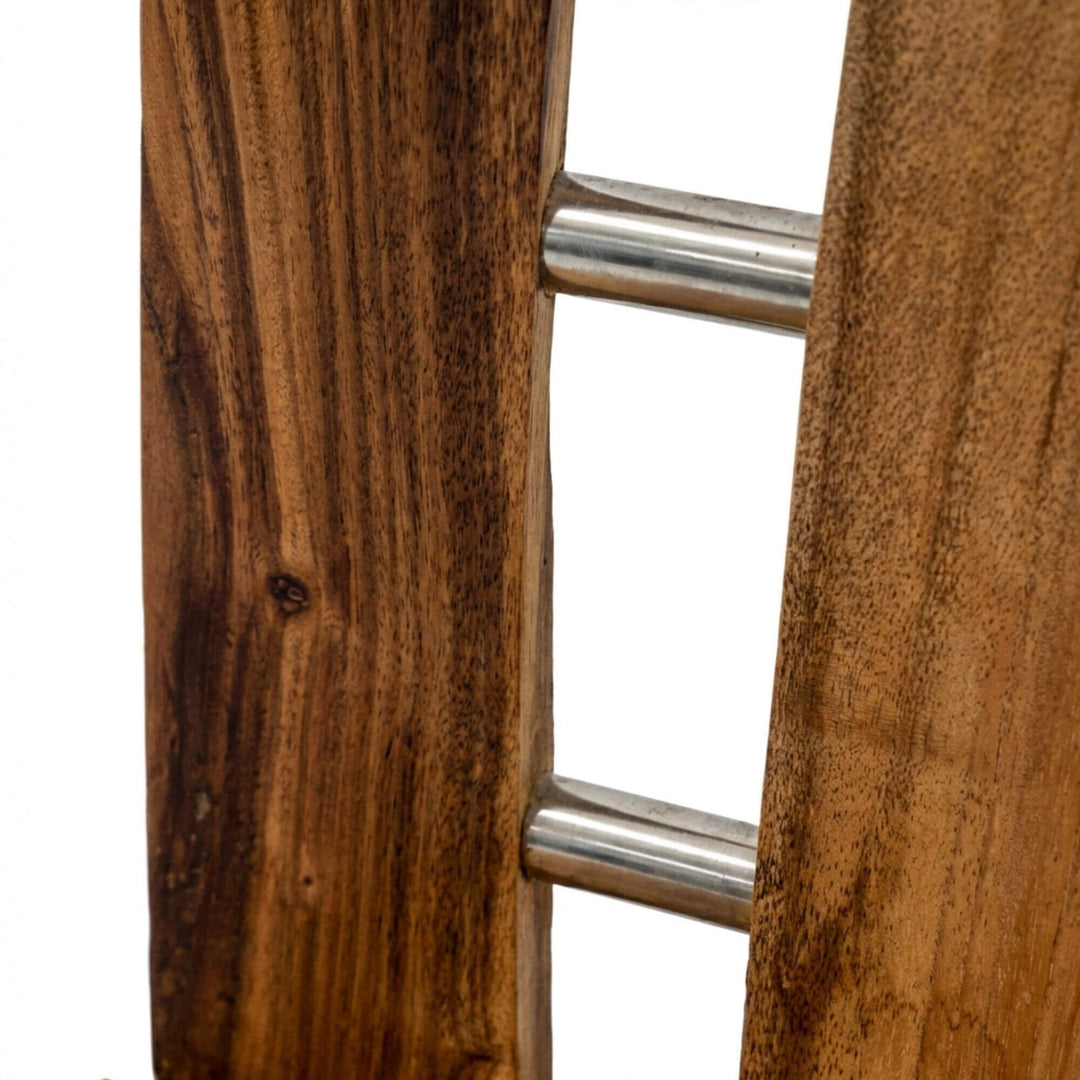 Close-up detail of the natural suar wood grain and artisanal imperfections.