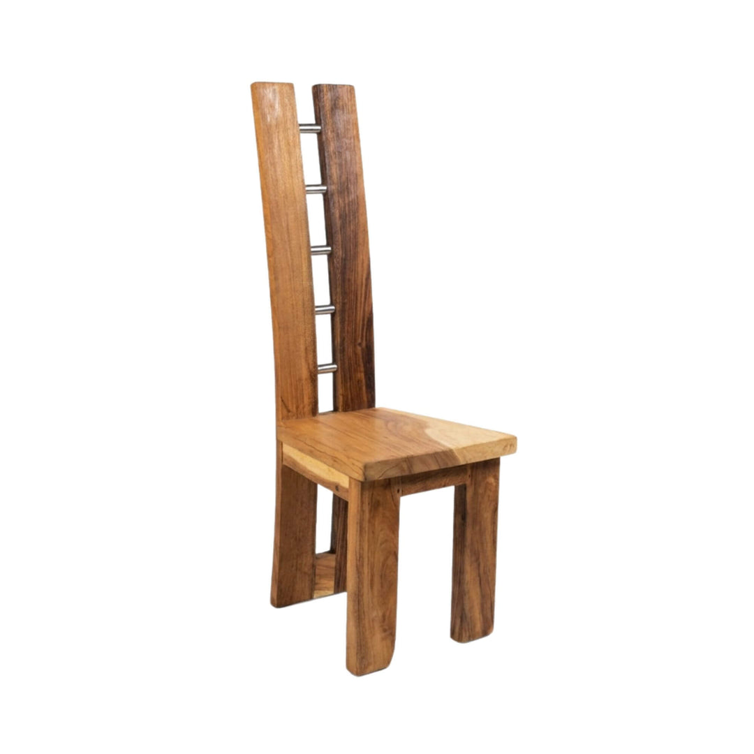 Front view of the Argus suar wood dining chair showcasing its tall backrest and solid wood structure.