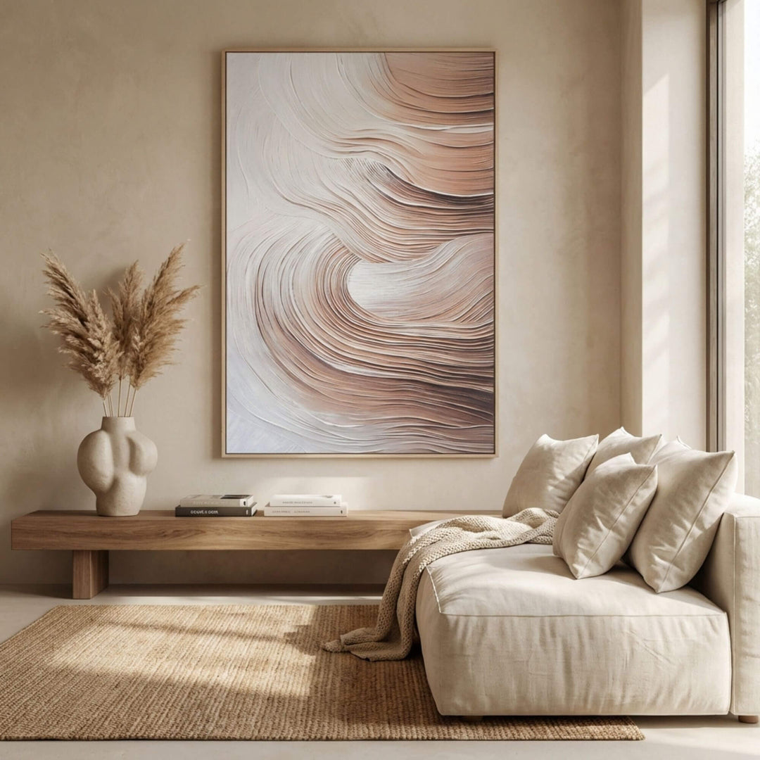 Styled interior setting featuring the Arid Flow painting above a sofa in a minimalist living room.