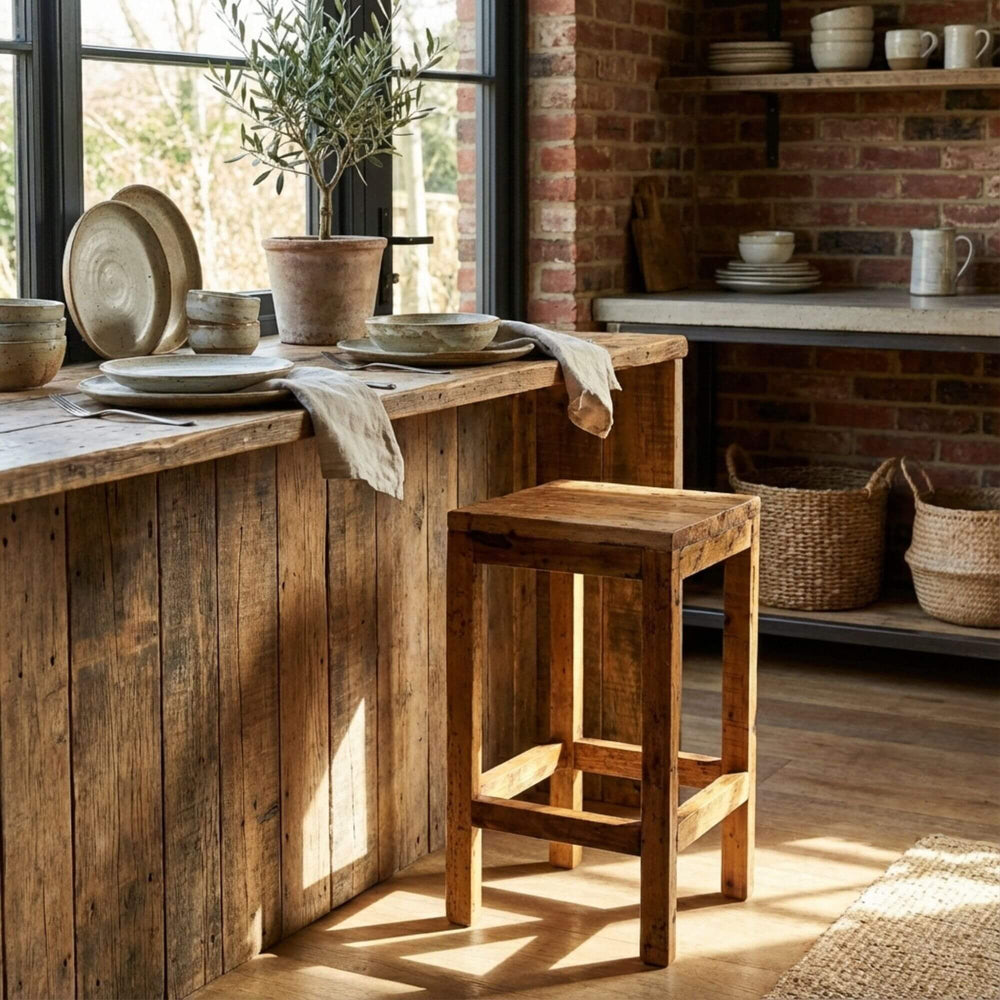 Styled interior view of Armazi Bar Stool placed at a kitchen island, highlighting its natural wood texture.