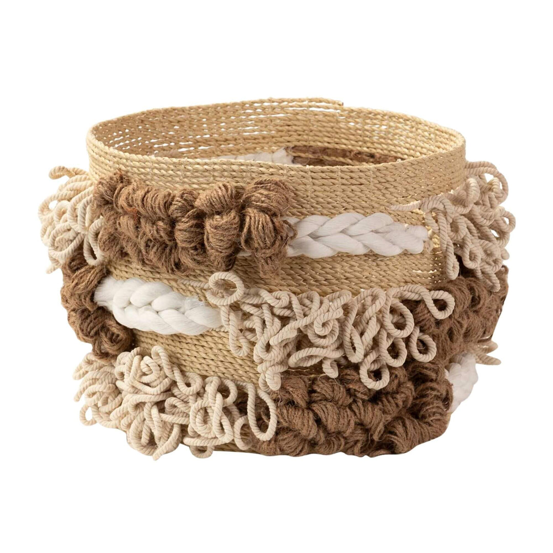 Handwoven Aroni Basket in natural and beige with cotton loop details.