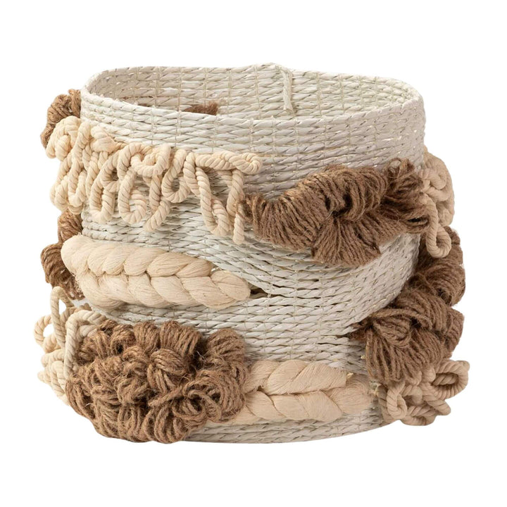 Aroni Basket in natural and white tones with cotton braids and loops.