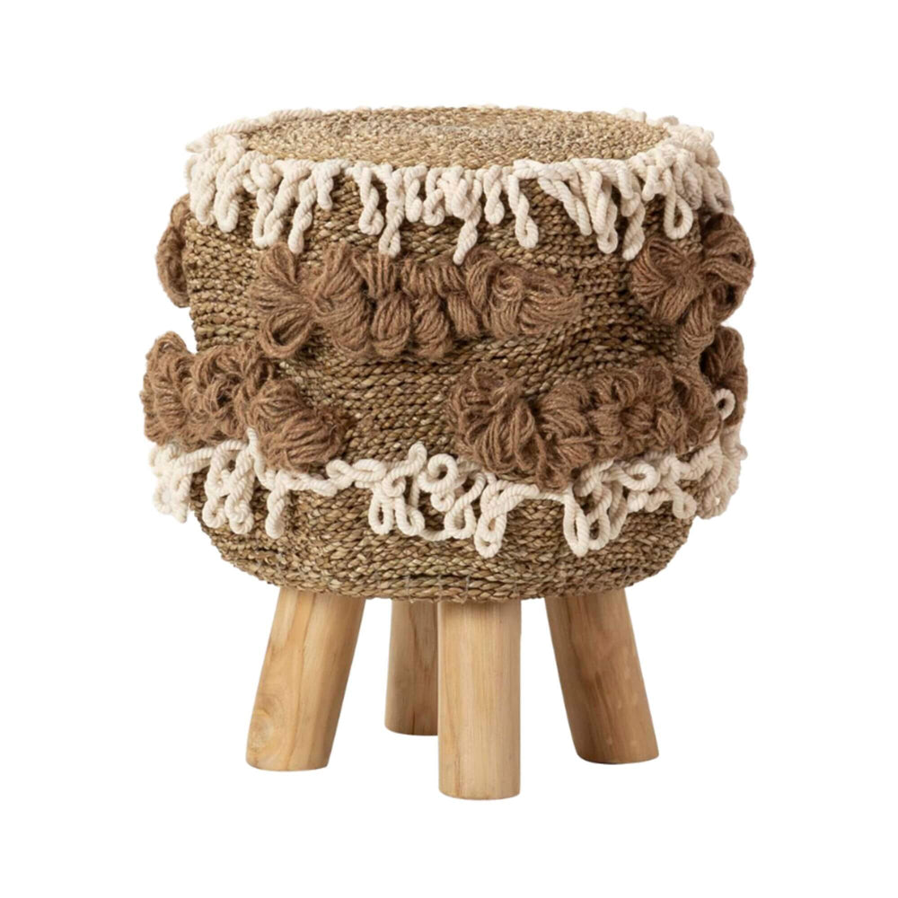 Full view of the Aroni Stool made from teak wood, seagrass, and cotton.