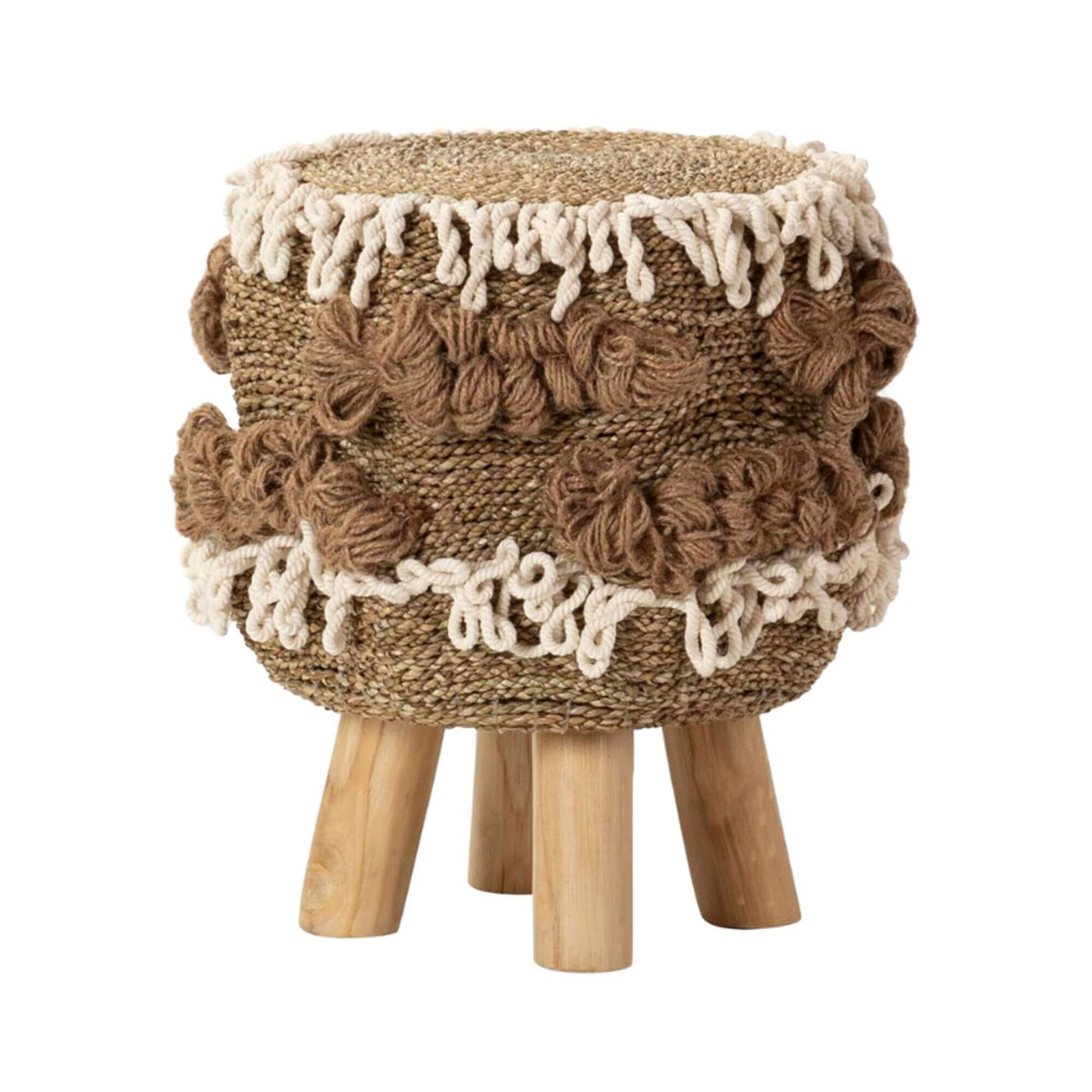 Full view of the Aroni Stool made from teak wood, seagrass, and cotton.