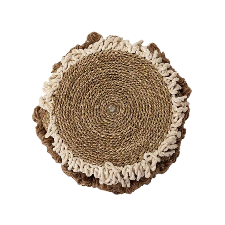 Top woven surface of the Aroni Stool showing detailed seagrass craftsmanship.