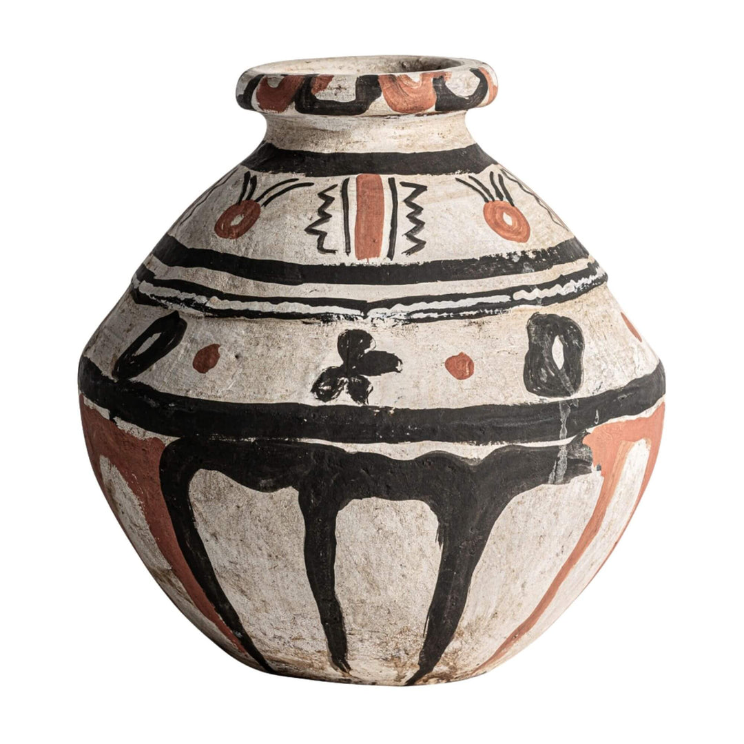 Artemis Terracotta Vase with hand-painted tribal patterns in black, terracotta, and cream.