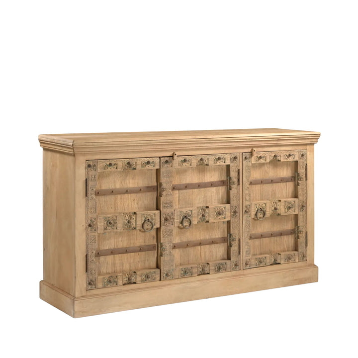 Front view of the Aruna buffet showing its natural mango wood finish and decorative detailed doors.