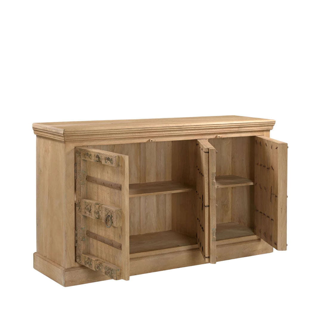 Open cabinet view showing the interior shelving and concealed storage space of the Aruna buffet.
