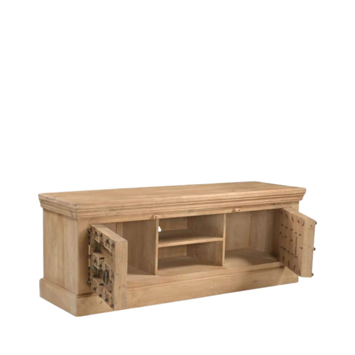 Aruna Briss TV console with side compartments open revealing practical interior storage and central shelves
