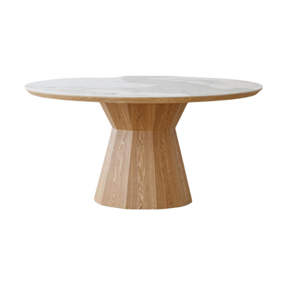 Full view of the Ash & Ceramic Dining Table with ceramic top and ash veneer pedestal base