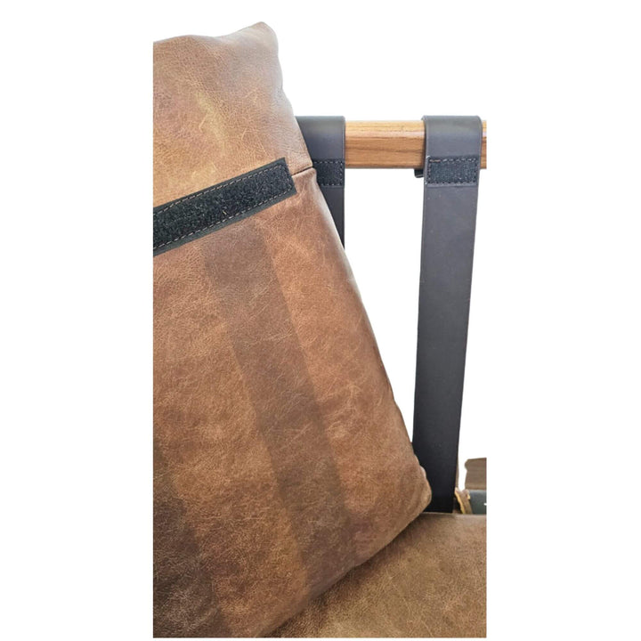 Asikni leather chair close-up of leather back cushion and straps