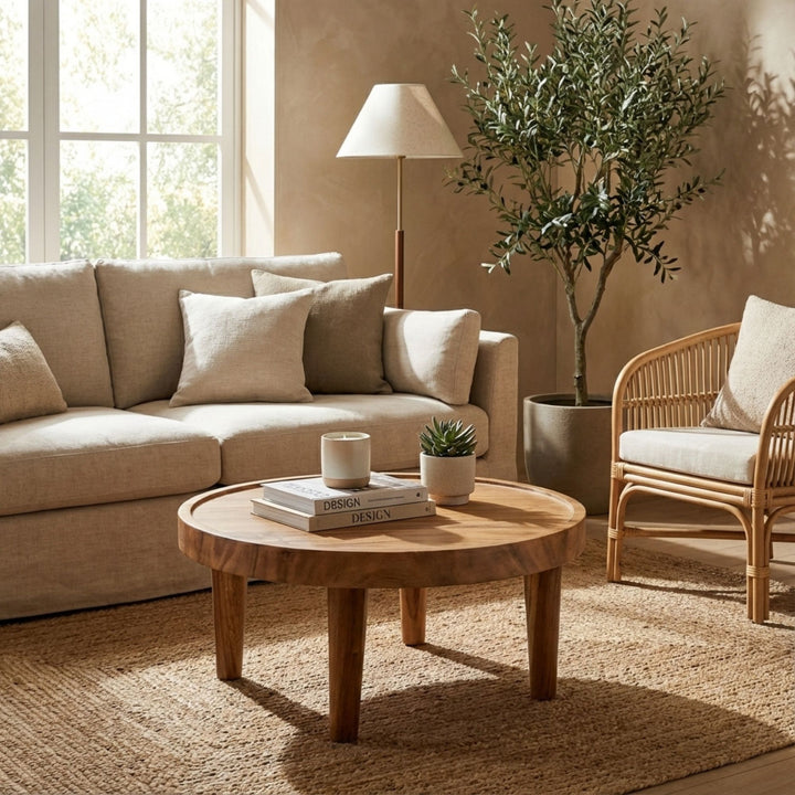 Styled interior view of large Asterope Suar Wood Coffee Table arranged as a set in a living room.