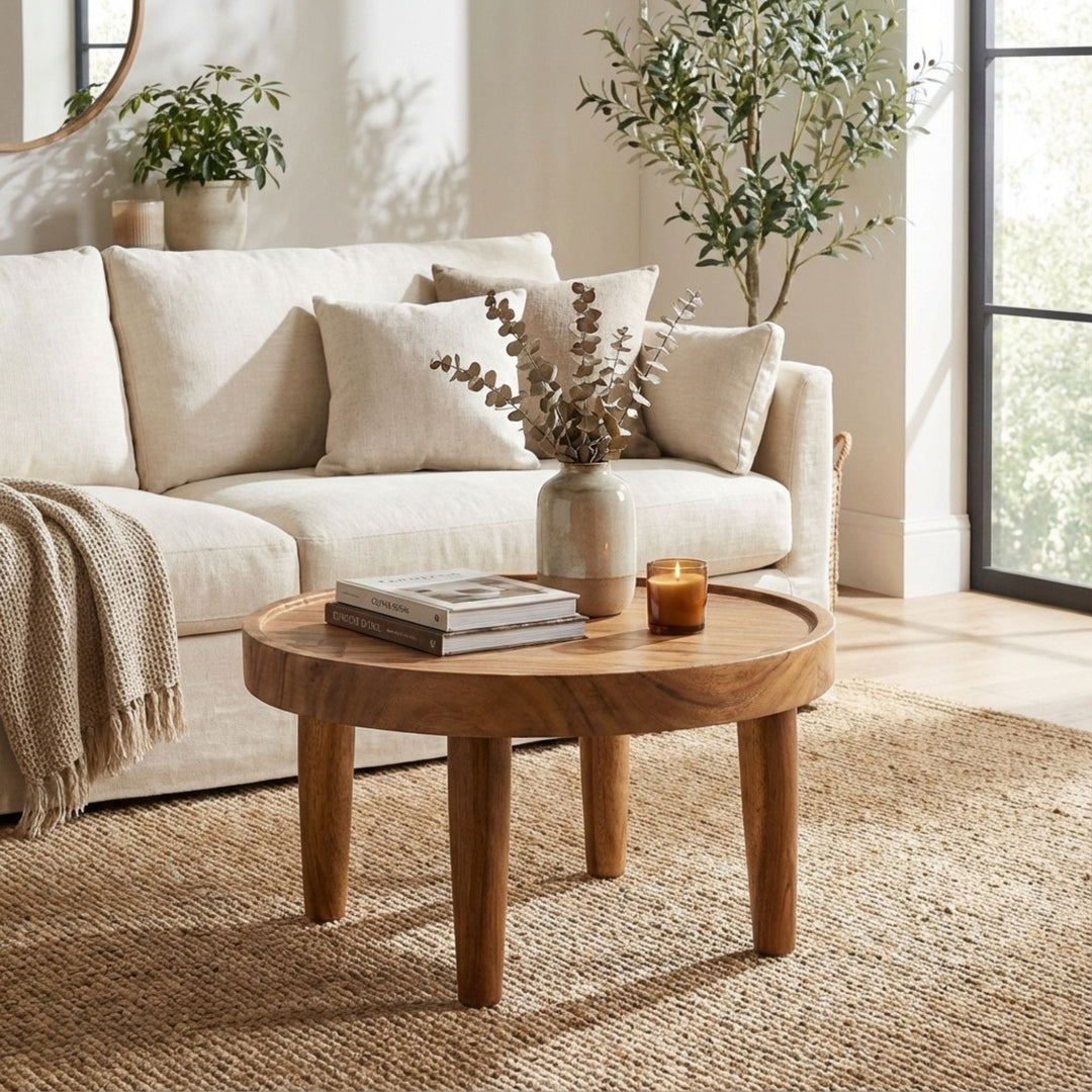 Styled interior view of medium Asterope Suar Wood Coffee Table arranged as a set in a living room.