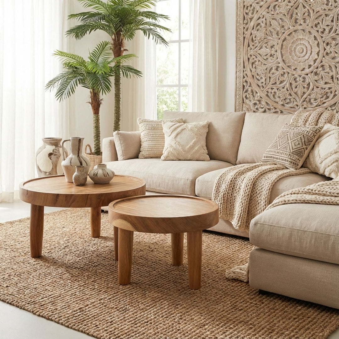 Styled interior view of Asterope Suar Wood Coffee Tables arranged as a set in a living room.