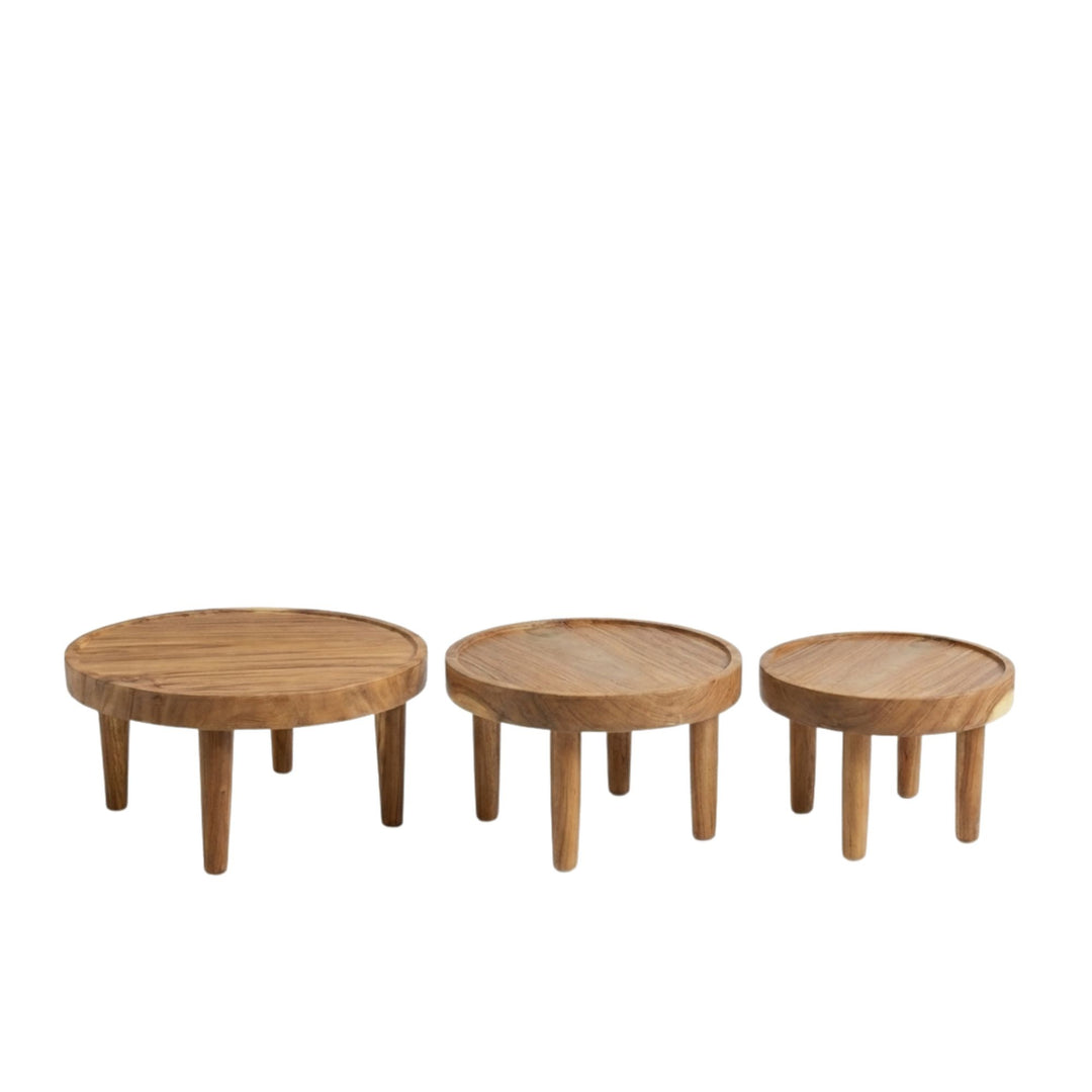 Group view of Asterope Suar Wood Coffee Tables in small, medium, and large sizes.