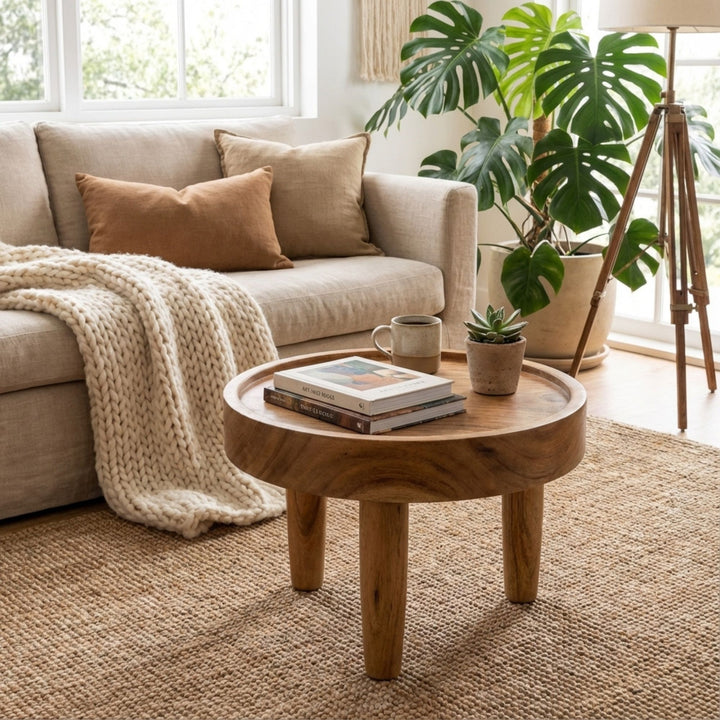 Styled interior view of small Asterope Suar Wood Coffee Table arranged as a set in a living room.