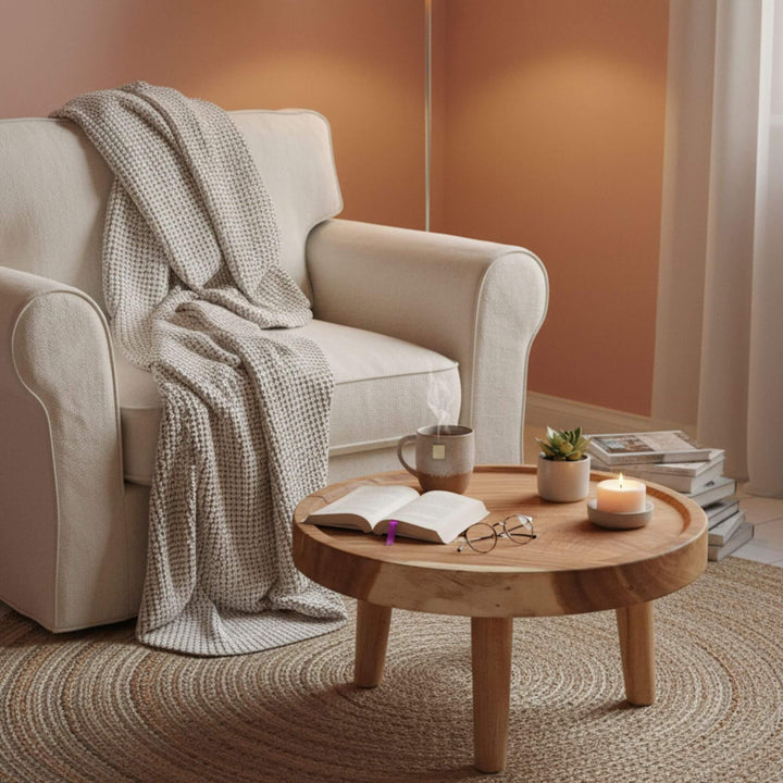 Styled Asterope Suar wood coffee table in a cozy room with warm lighting